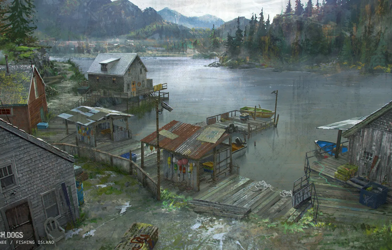 Photo wallpaper forest, mountains, pond, Watch Dogs - environments, fishing island
