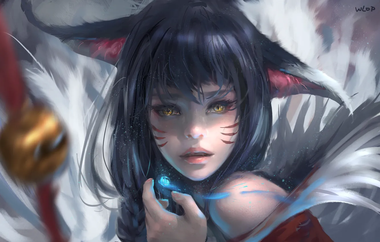Photo wallpaper girl, elf, art, League of Legends, Ahri, Nine-Tailed Fox, Wlop