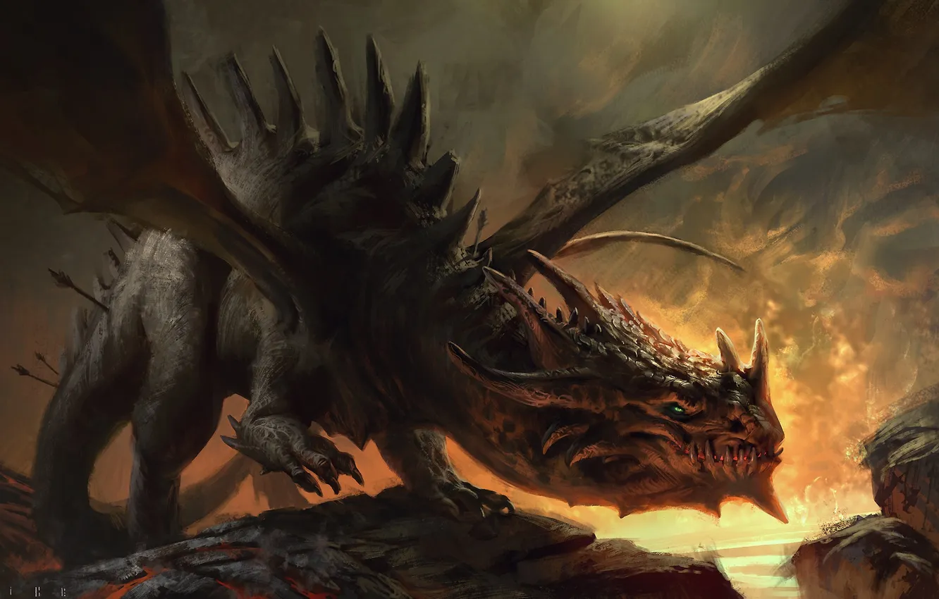 Photo wallpaper lights, stones, dragon, art