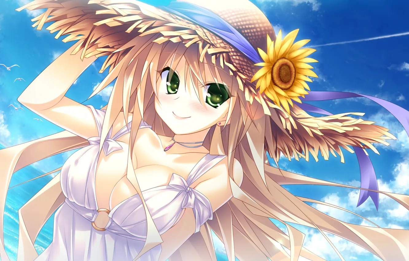 Photo wallpaper sea, girl, flowers, hat, art, game cg, hibarigaoka itsuki, guardian☆place