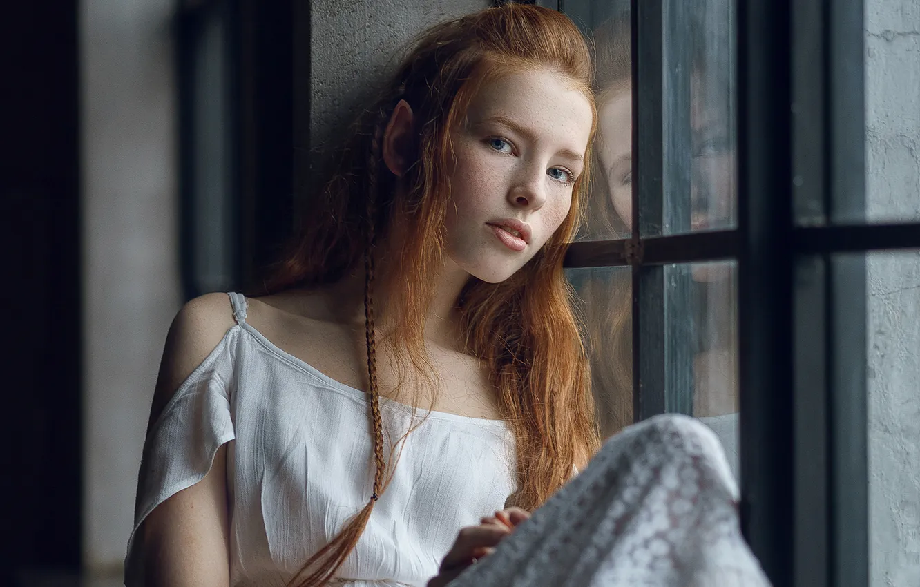 Photo wallpaper girl, hair, window, freckles, braids, beautiful, redhead, Katya Voronina