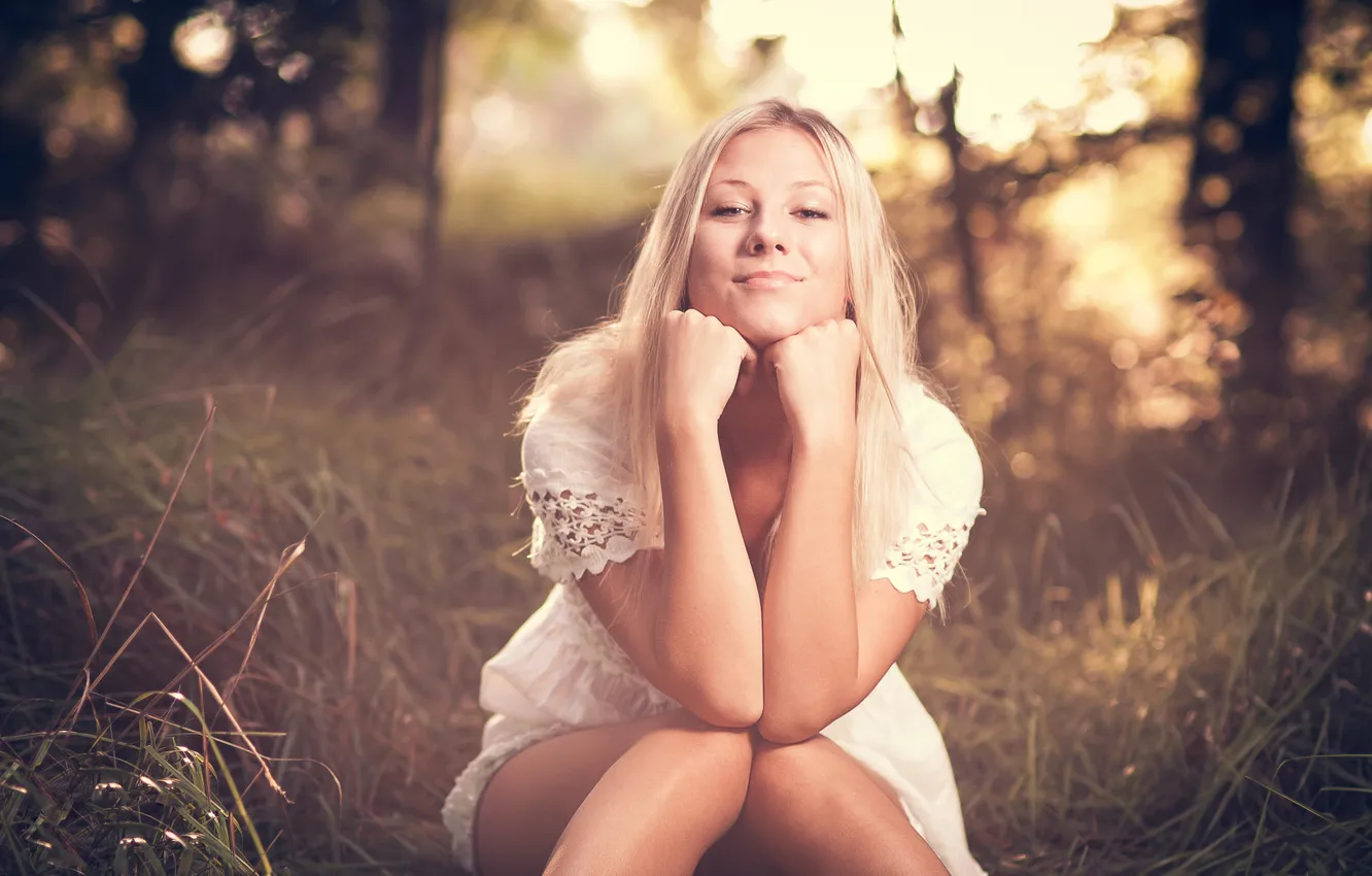 Photo wallpaper forest, eyes, feet, hands, dress, forest, white dress, dress