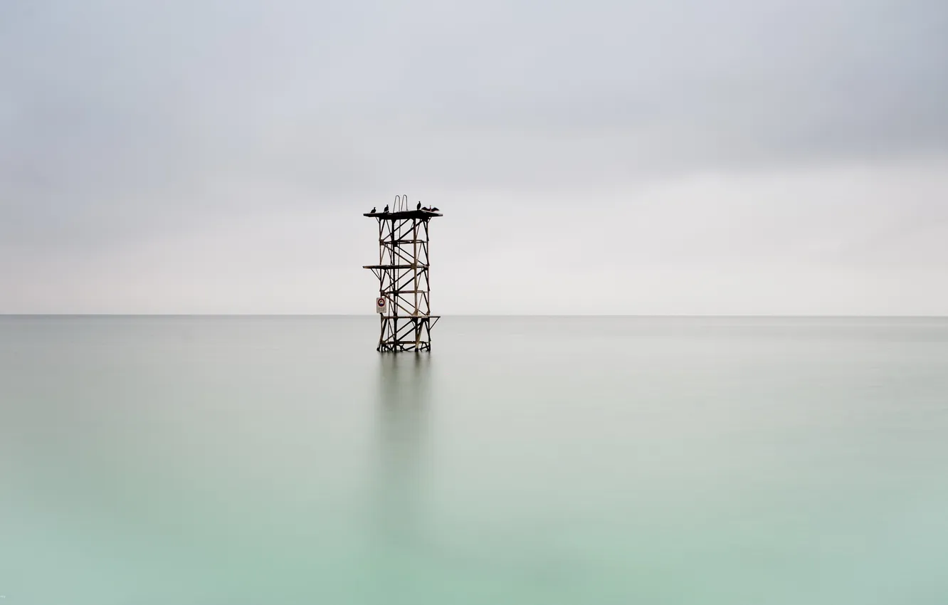 Photo wallpaper sea, birds, tower, minimalism