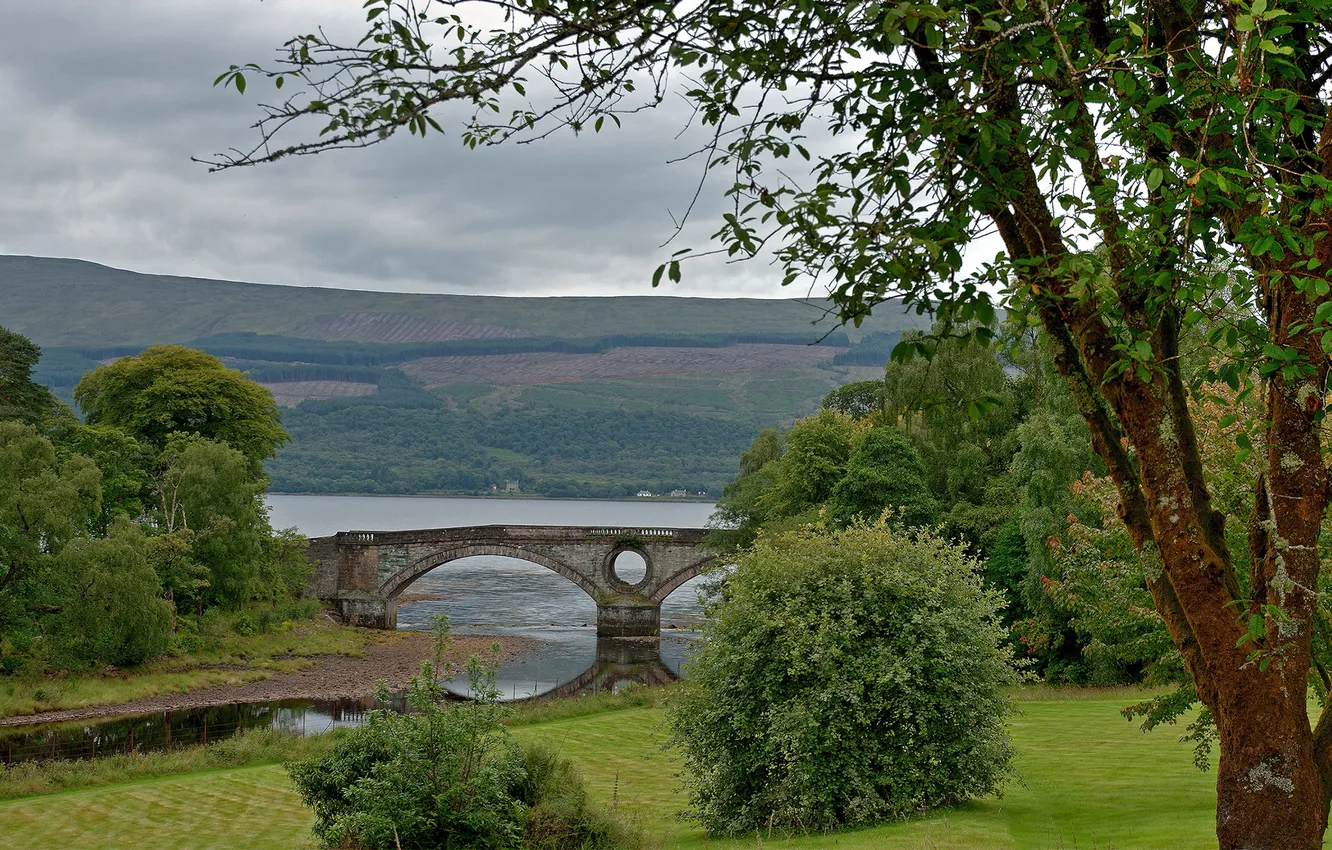 Photo wallpaper the sky, trees, mountains, bridge, river, arch