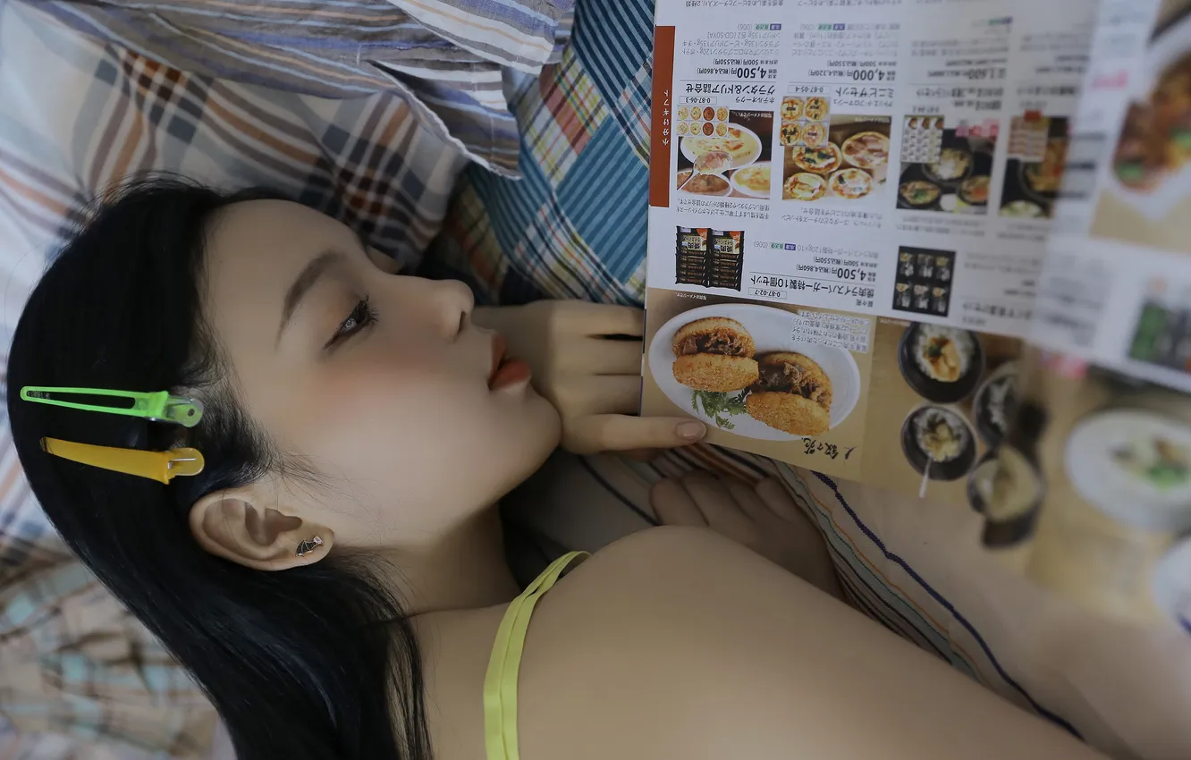 Photo wallpaper woman, beautiful, model, pretty, bed, asian, cute, lying down