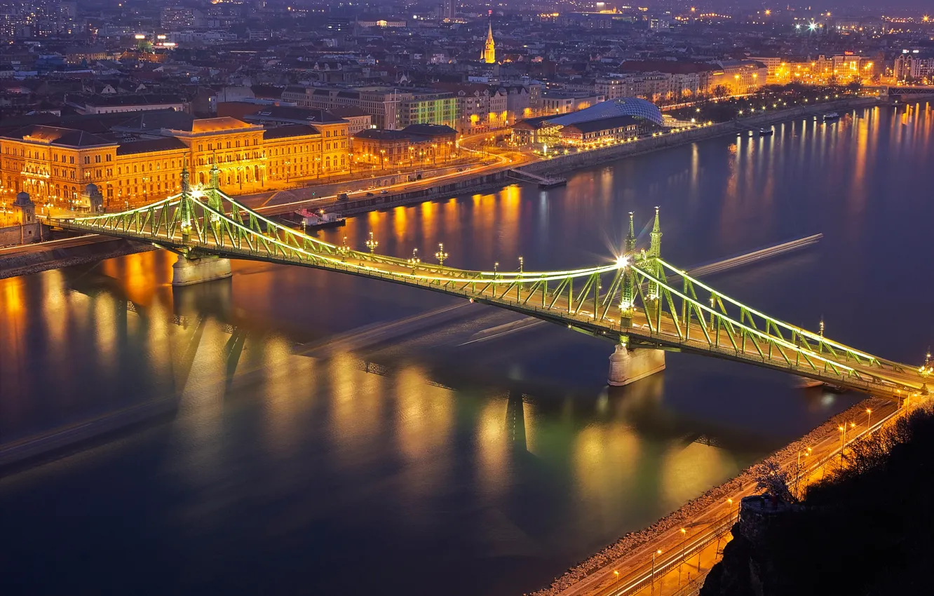 Photo wallpaper night, bridge, lights, river, panorama, Hungary, Budapest, The Danube