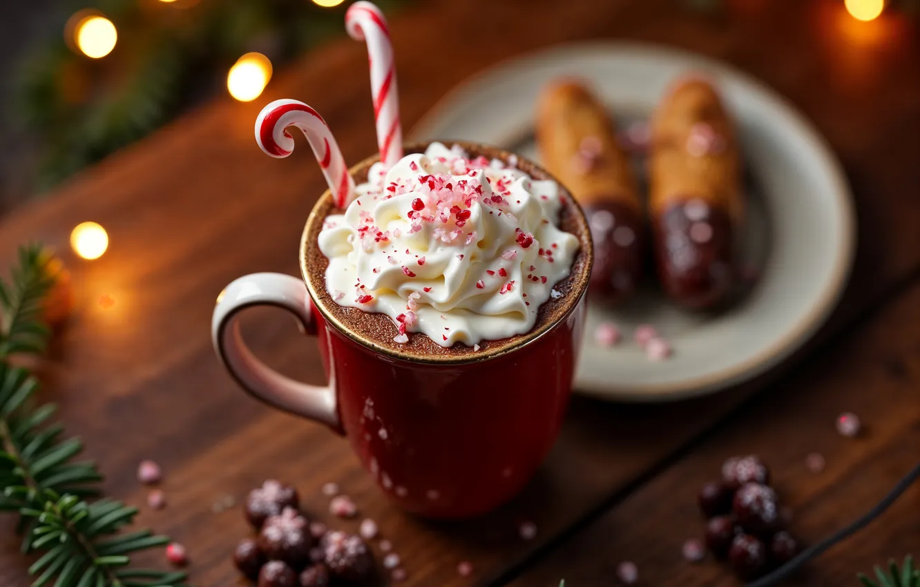 Photo wallpaper decoration, Christmas, mug, New year, Christmas, cup, cocoa, cookies