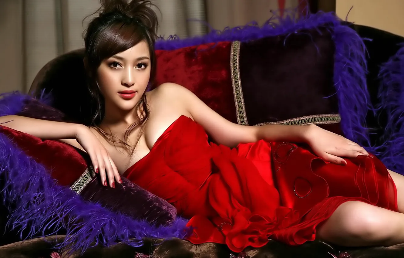 Photo wallpaper purple, girl, sofa, dress, fluff, lies, Asian, in red