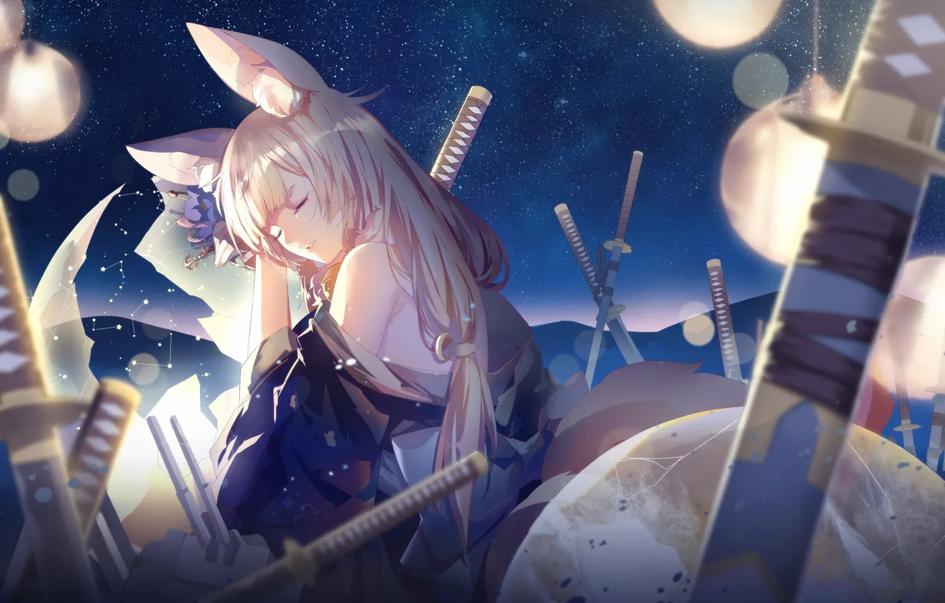 Photo wallpaper girl, night, sword, sleeping, ears