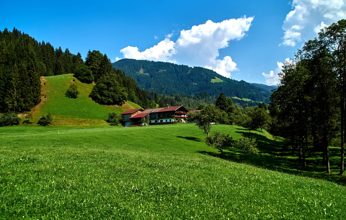 Photo wallpaper the sky, grass, clouds, trees, mountains, house, field, Germany