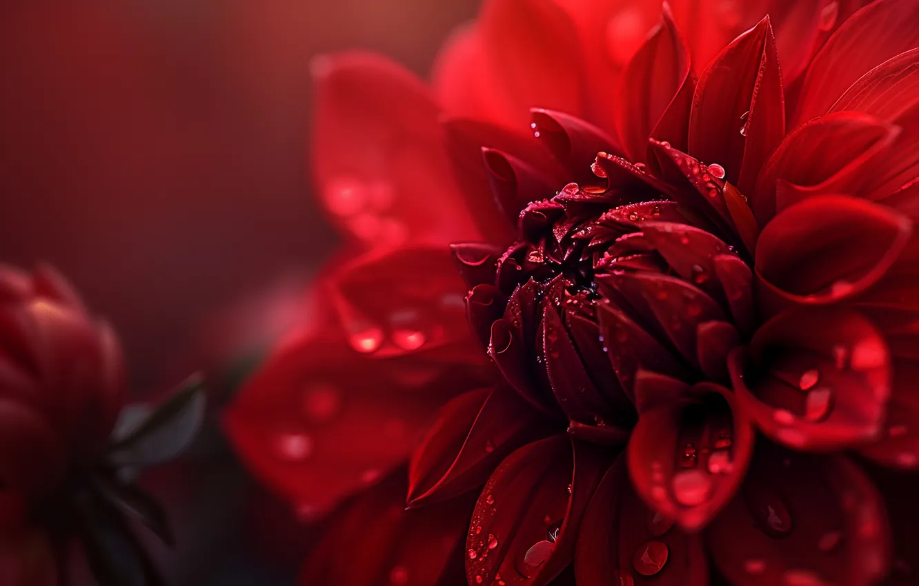 Photo wallpaper drops, macro, flowers, red, petals, dahlias, AI art, neural network