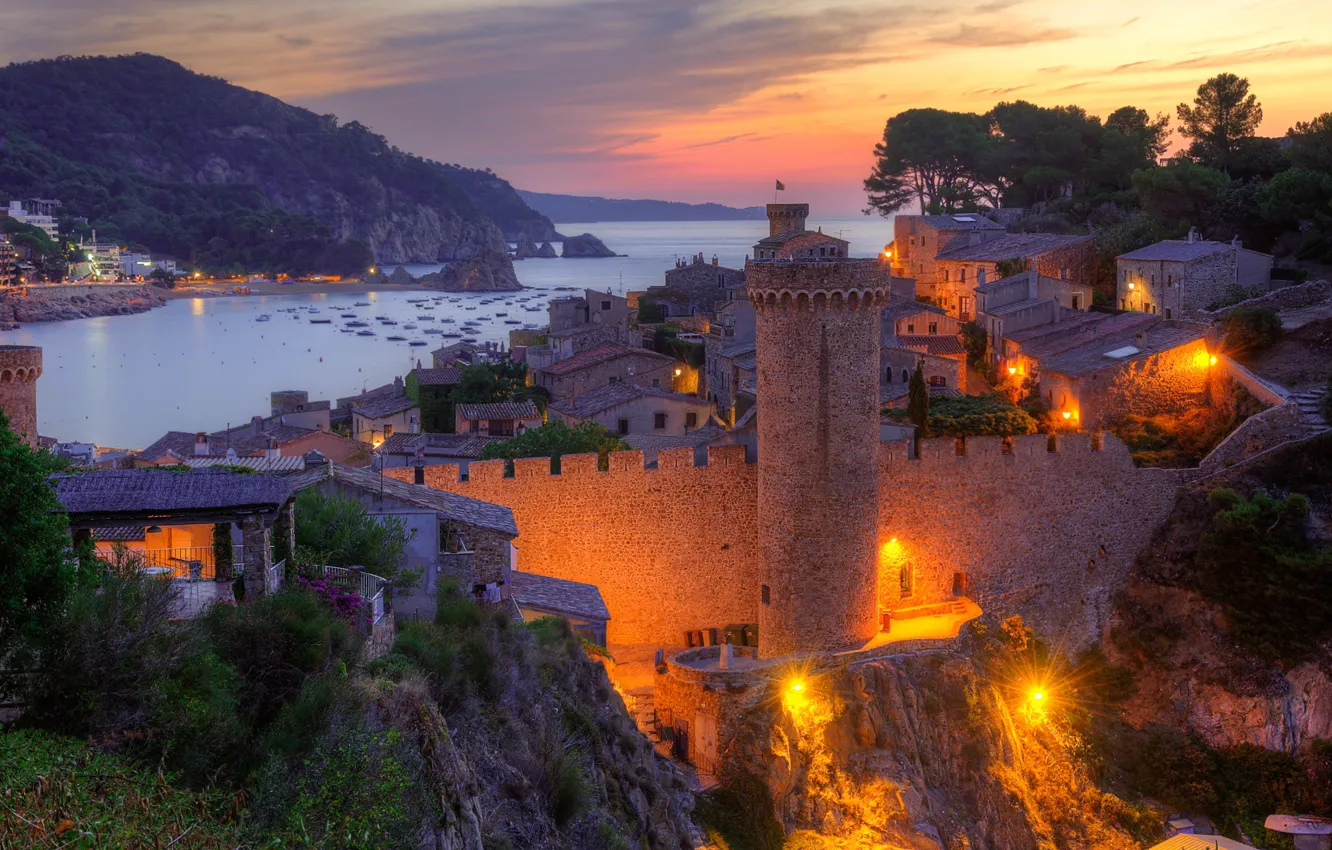 Photo wallpaper sea, the city, wall, coast, home, the evening, fortress, Spain