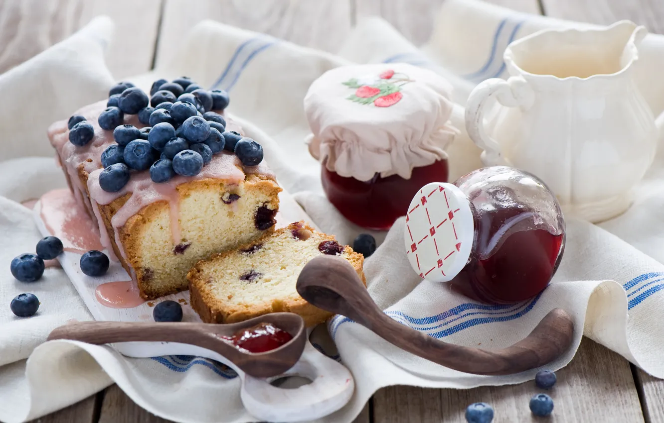 Photo wallpaper berries, blueberries, jars, spoon, Bank, dessert, cakes, jam