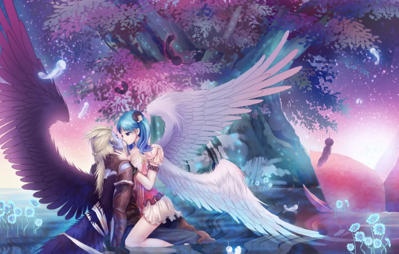 Photo wallpaper water, girl, trees, reflection, wings, anime, art, guy