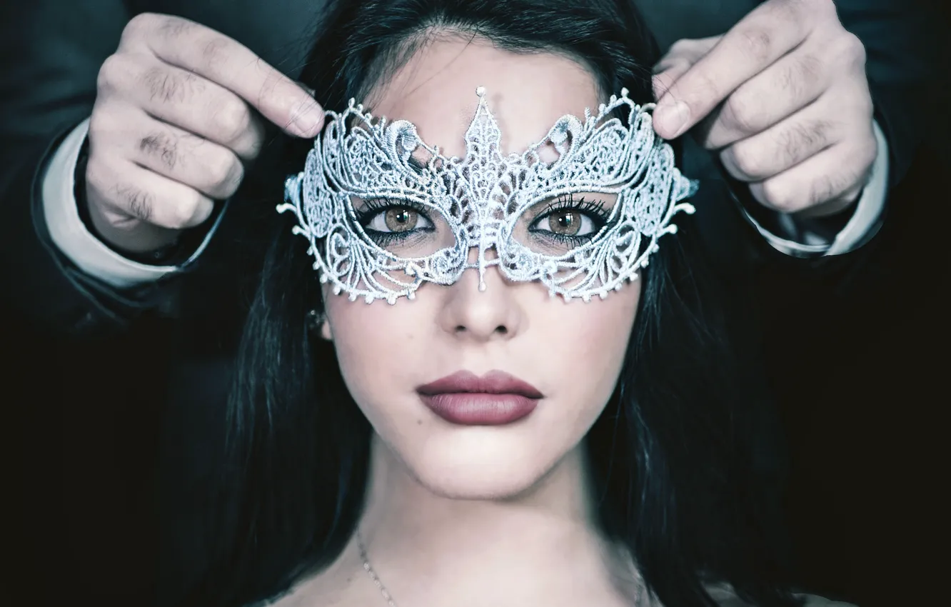 Photo wallpaper dark, lips, face, mask, suit, portrait, Brunnet, Brunnette