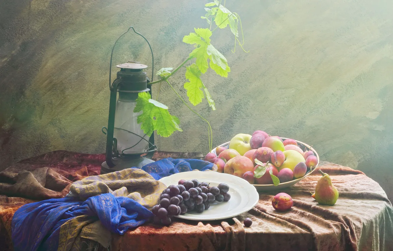 Photo wallpaper leaves, apples, grapes, fruit, still life, plum, pear, items