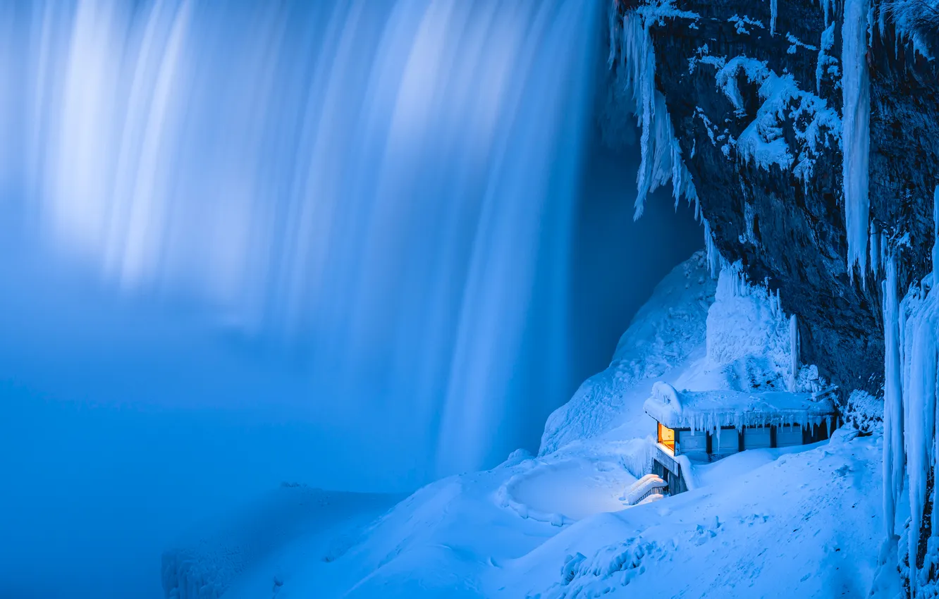Photo wallpaper winter, snow, rock, waterfall, ice, Niagara, house, Canada