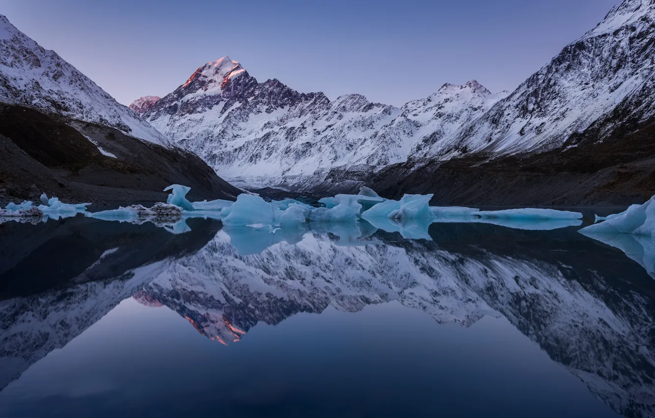 Photo wallpaper ice, winter, snow, landscape, mountains, nature, lake, reflection