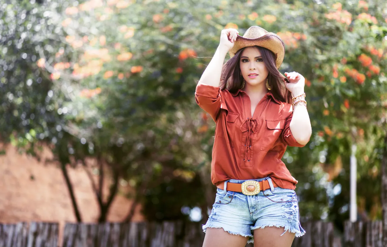 Photo wallpaper sexy, pose, shorts, hat, shirt, beauty, bokeh