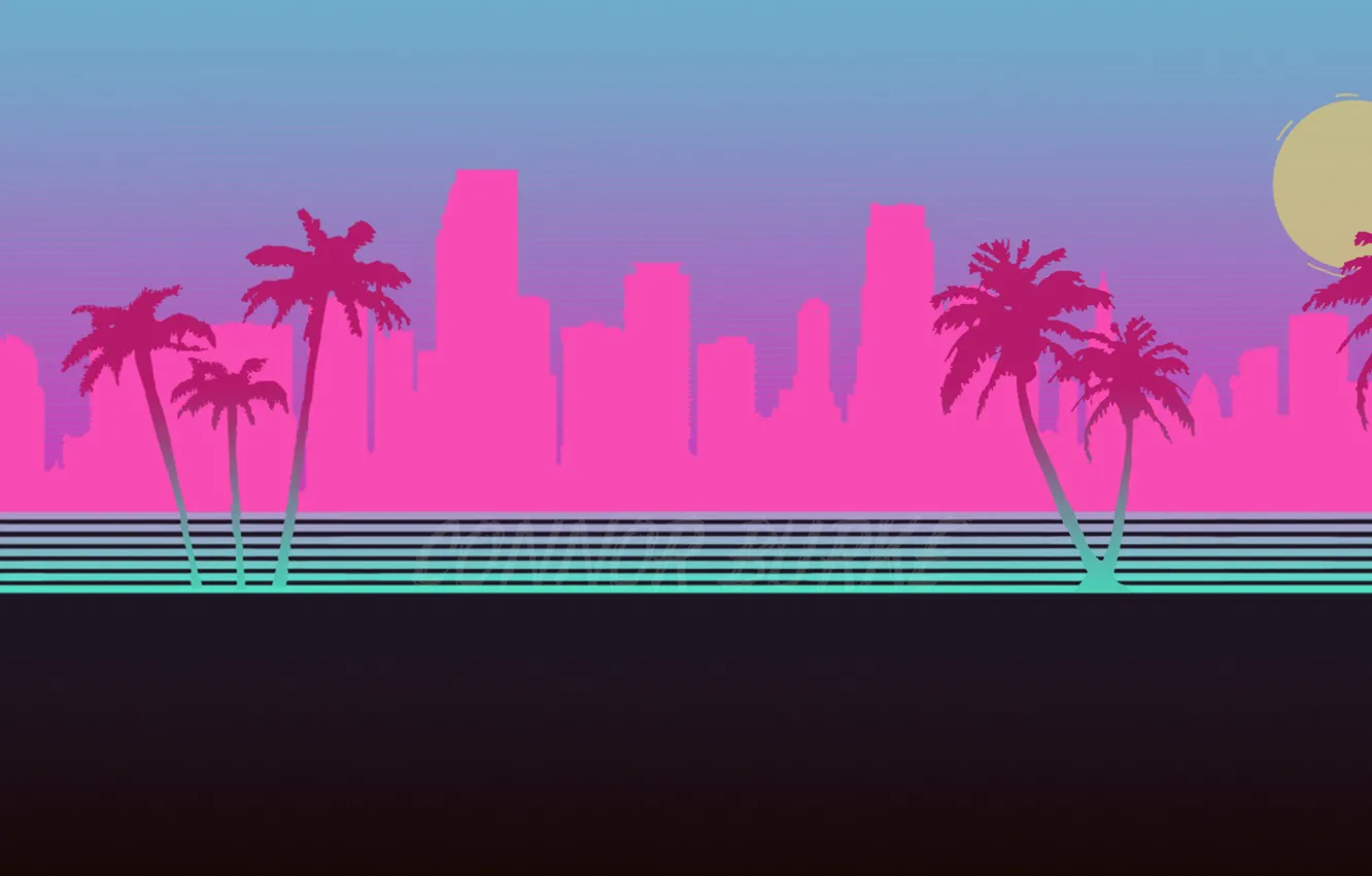 Photo wallpaper The city, Neon, Palm trees, Silhouette, Background, Hotline Miami, Synthpop, Darkwave