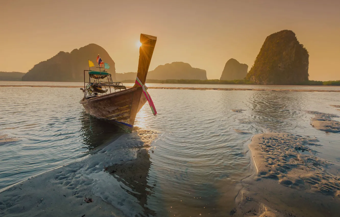 Photo wallpaper the ocean, shore, boat, morning, Phuket, Thailand, ocean, wooden boat