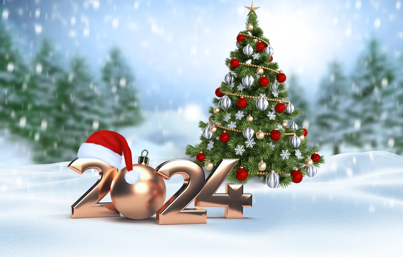Photo wallpaper winter, snow, snowflakes, gold, tree, new year, figures, golden