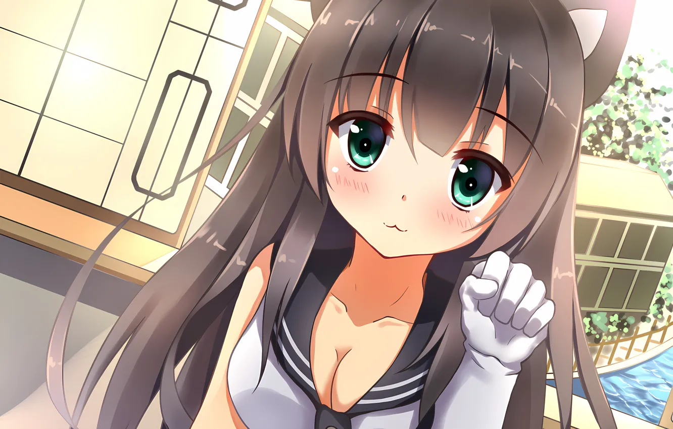 Photo wallpaper girl, sexy, cleavage, blouse, green eyes, long hair, brown hair, boobs