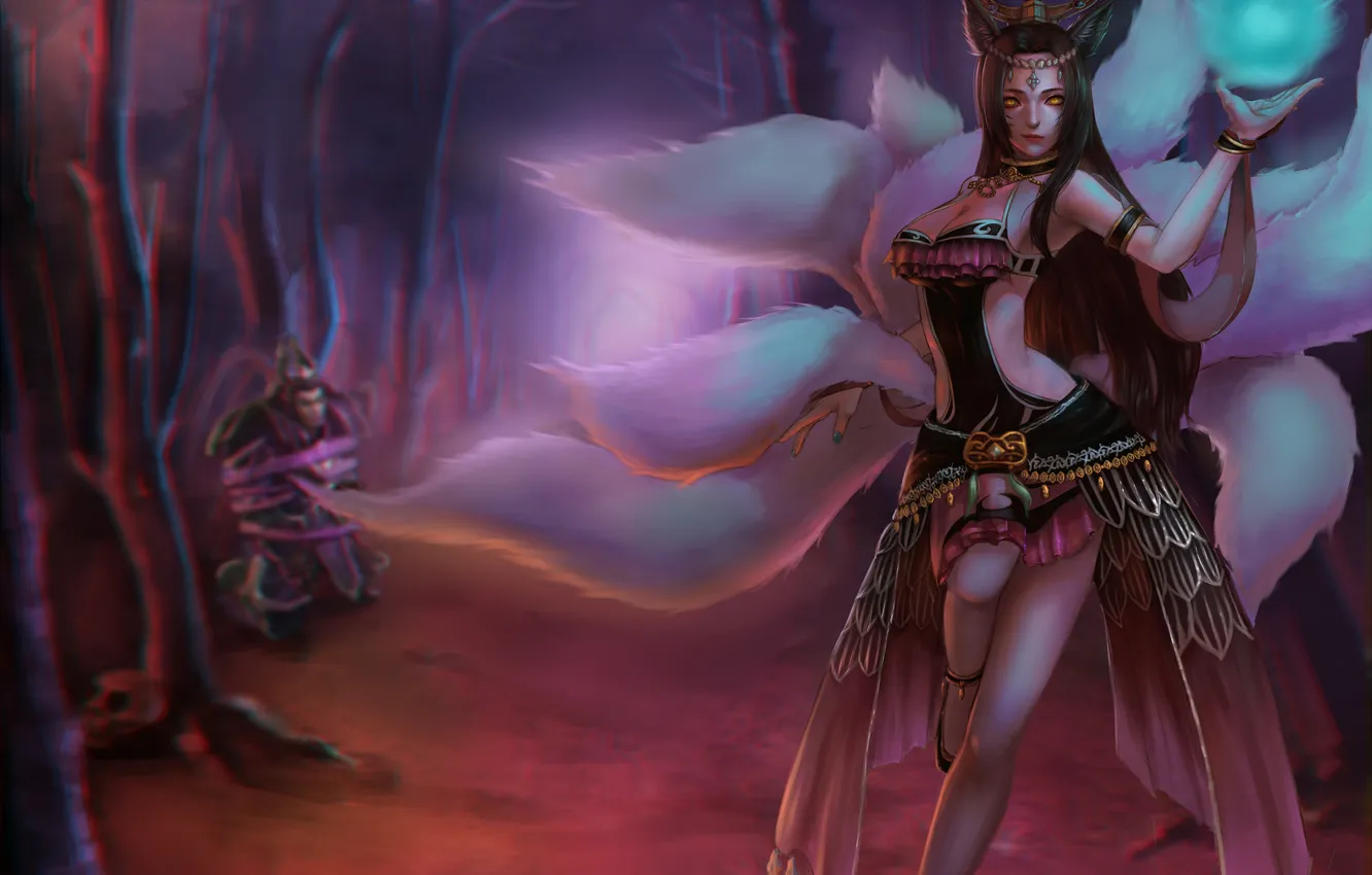 Photo wallpaper look, girl, magic, tail, ears, grin, art, Fox