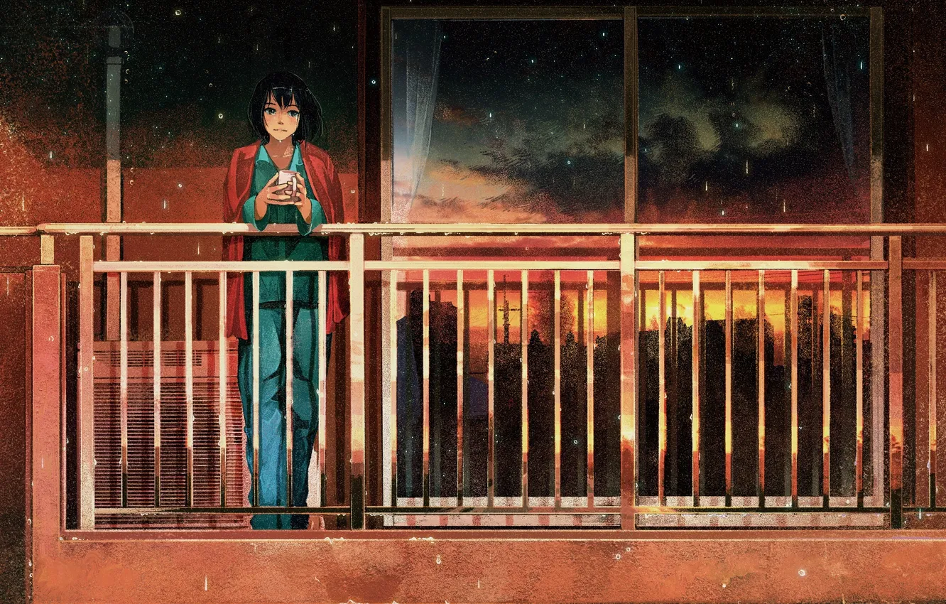Photo wallpaper girl, sunset, the city, rain, home, anime, tears, window