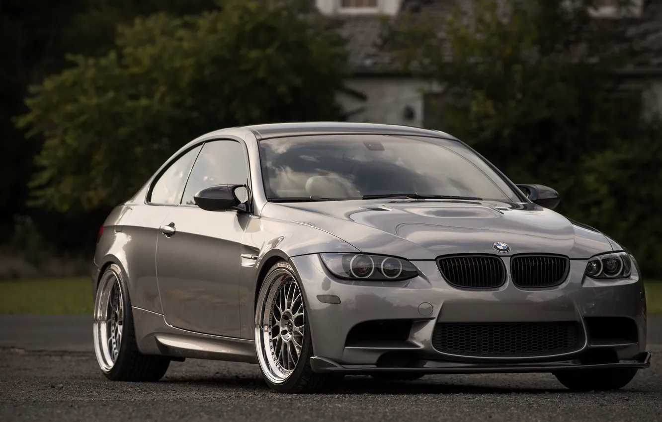 Photo wallpaper trees, reflection, BMW, silver, BMW, front view, e92, silvery