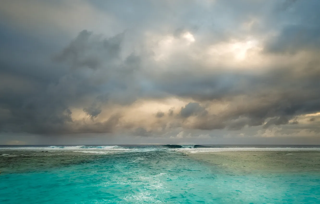 Photo wallpaper sea, wave, the sky, clouds