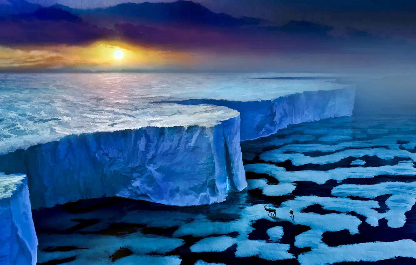 Photo wallpaper ice, sea, sunset, wall, animal, people, deer, ice