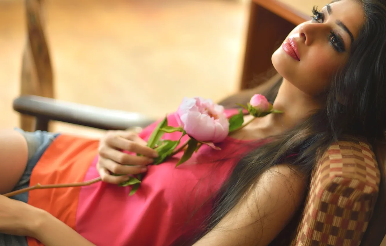 Photo wallpaper girl, flowers, chair, brunette