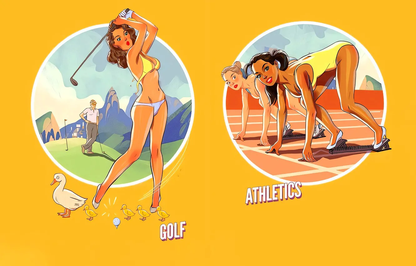 Photo wallpaper field, swimsuit, girl, mountains, figure, the ball, duck, running