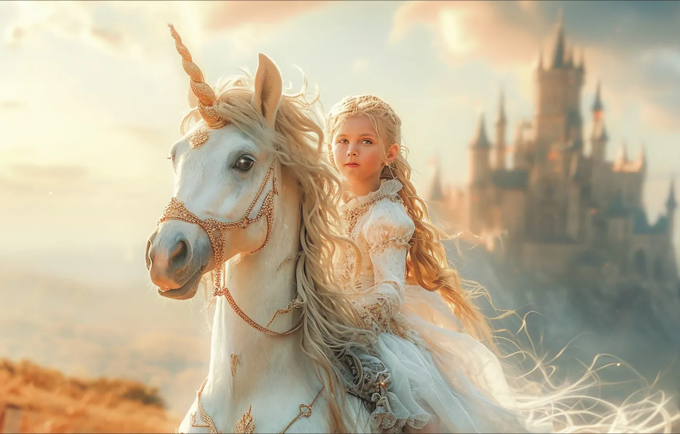 Photo wallpaper castle, pair, unicorn, girl, rider, fantastic art