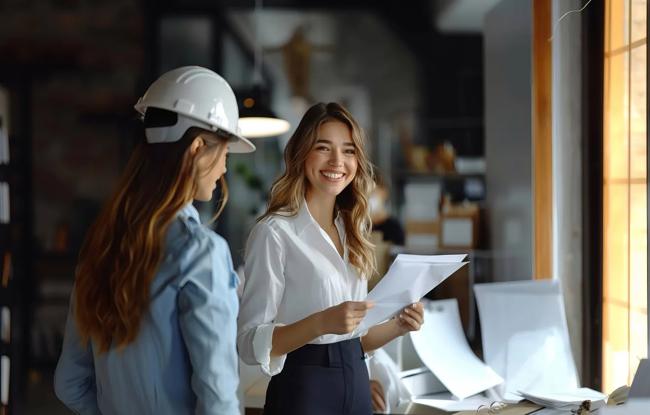 Photo wallpaper engineers, female, working