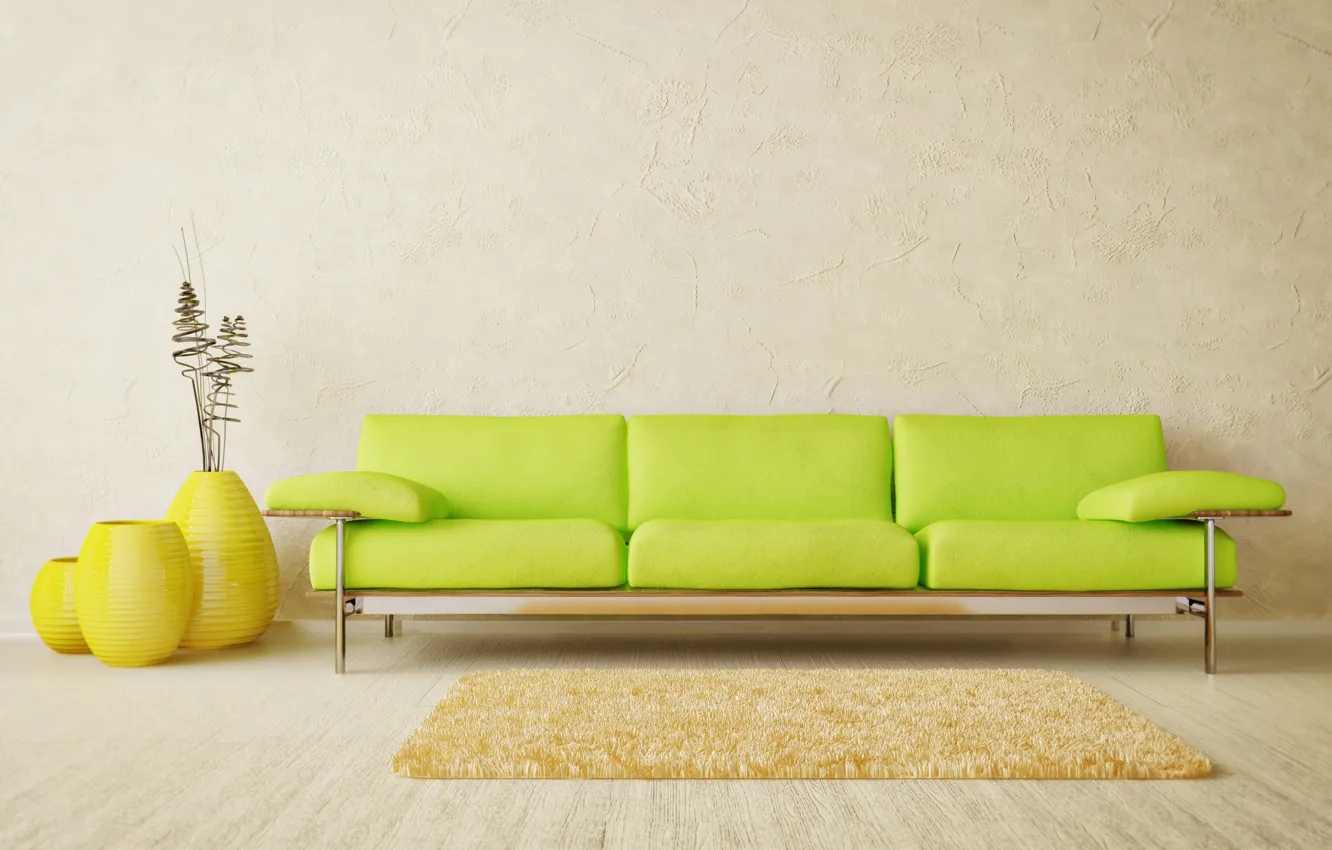 Photo wallpaper yellow, design, green, style, room, sofa, interior, minimalism
