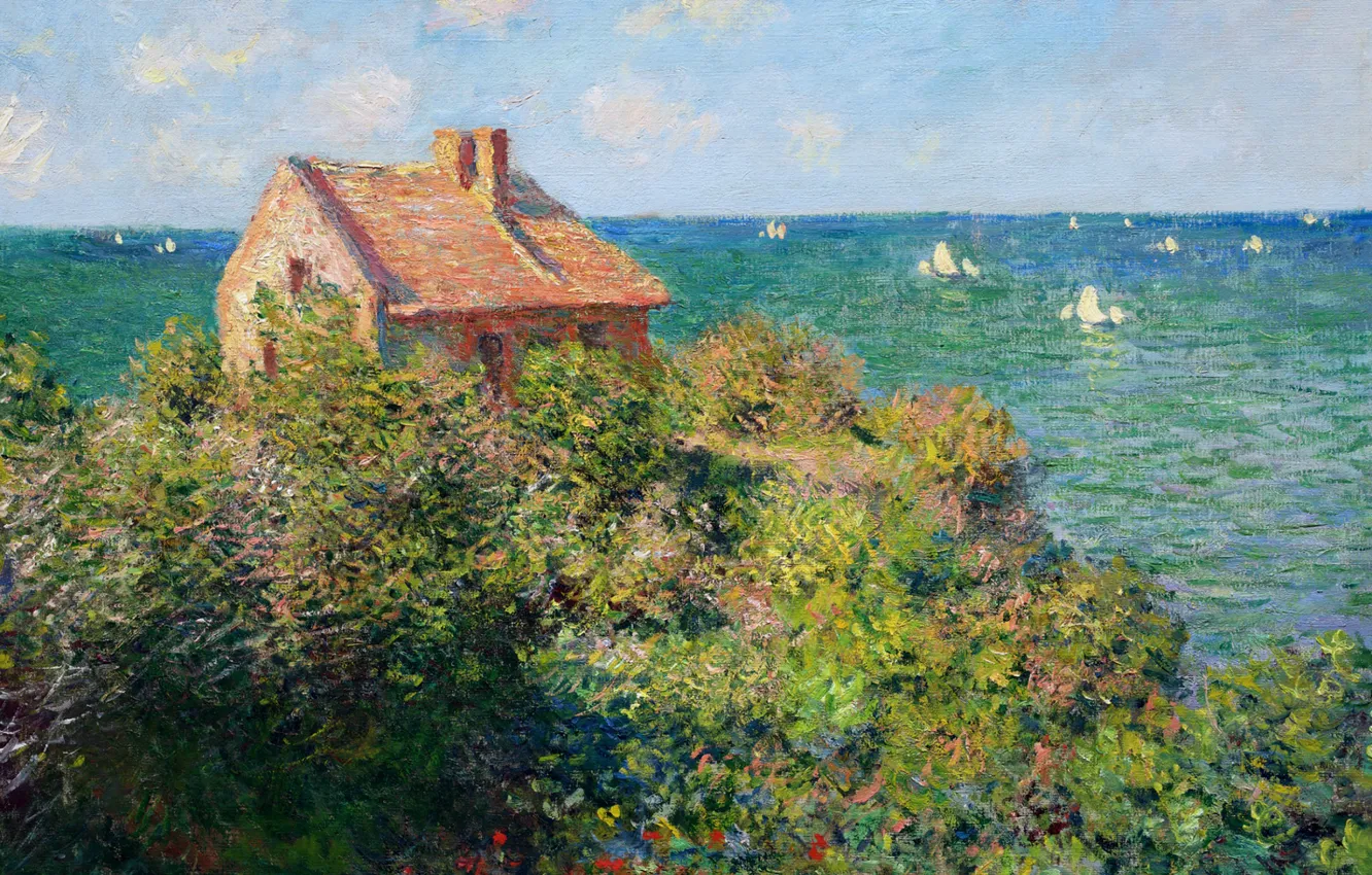 Photo wallpaper the sky, clouds, landscape, house, boat, picture, sail, Claude Monet