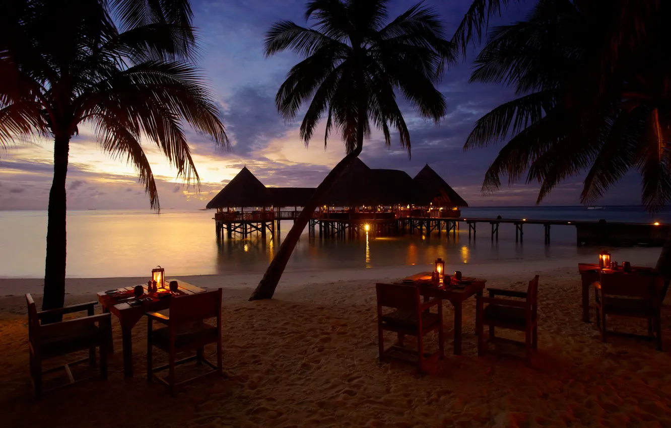 Photo wallpaper sand, beach, sunset, lights, tropics, palm trees, the ocean, coast