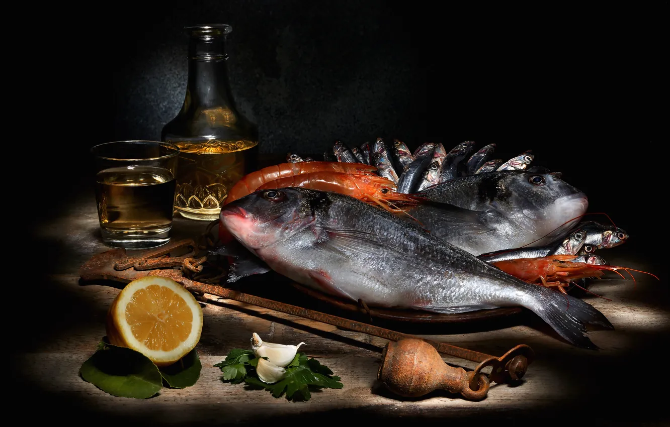 Photo wallpaper light, lemon, bottle, food, fish, alcohol, drink, black background