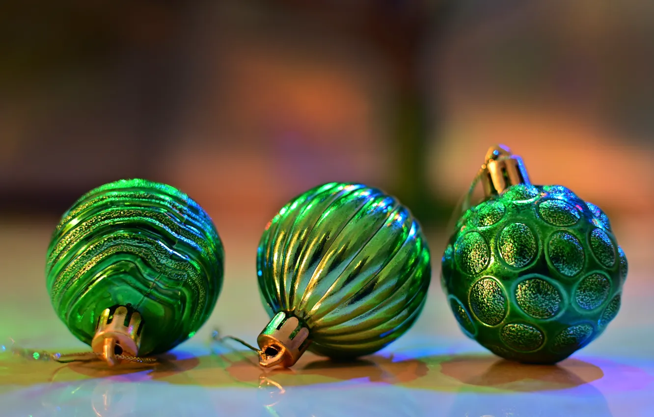 Photo wallpaper balls, holiday, green, Christmas, New year, trio, Christmas decorations, new year decorations