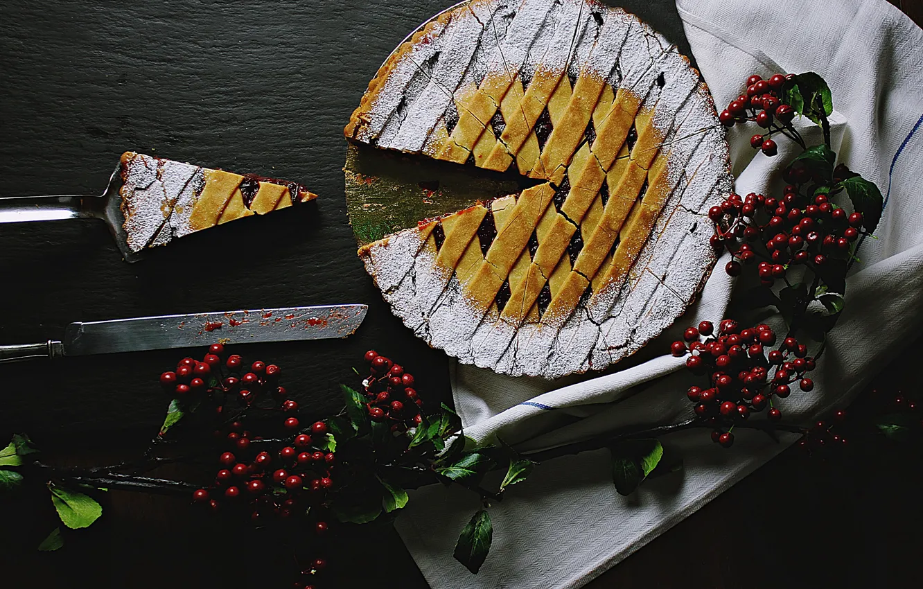 Photo wallpaper branches, berries, the dark background, table, towel, fruit, pie, knife