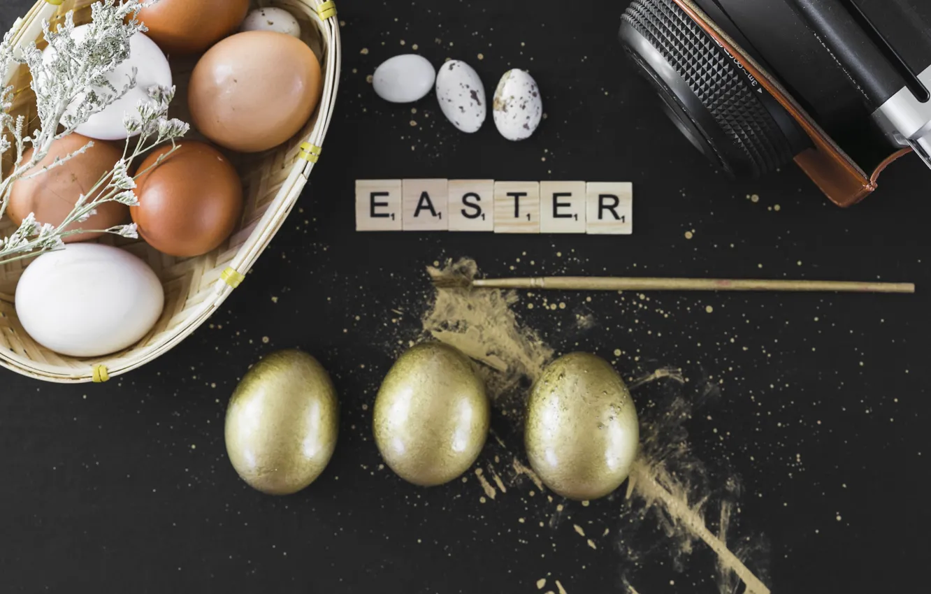 Photo wallpaper gold, holiday, basket, eggs, Easter