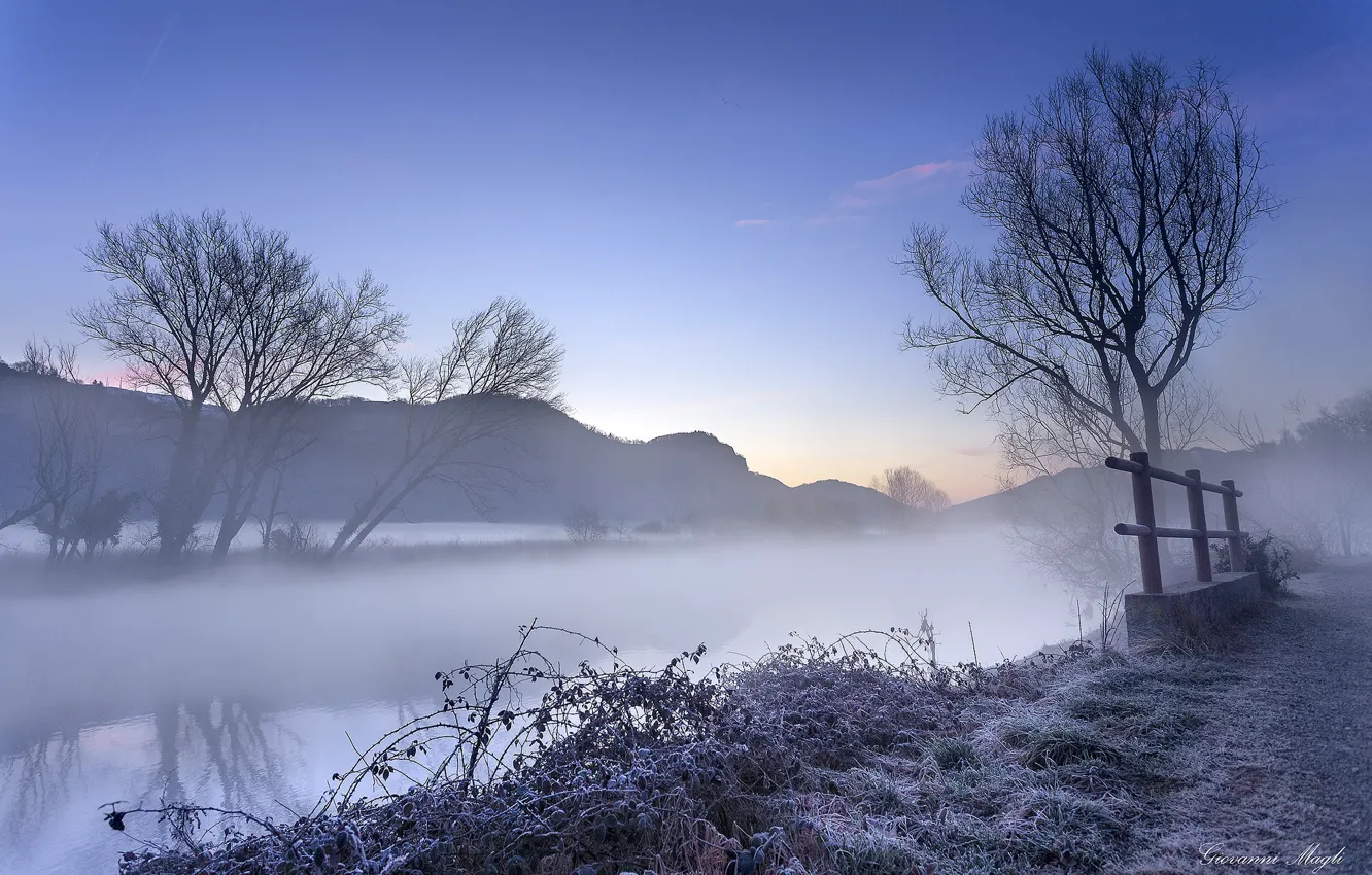 Photo wallpaper winter, frost, snow, trees, fog, river, morning