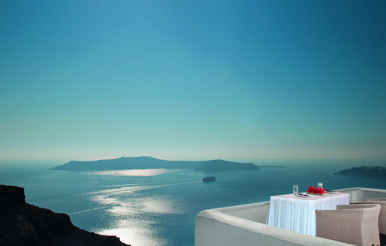Photo wallpaper sea, view, ship, Santorini, horizon, table, terrace