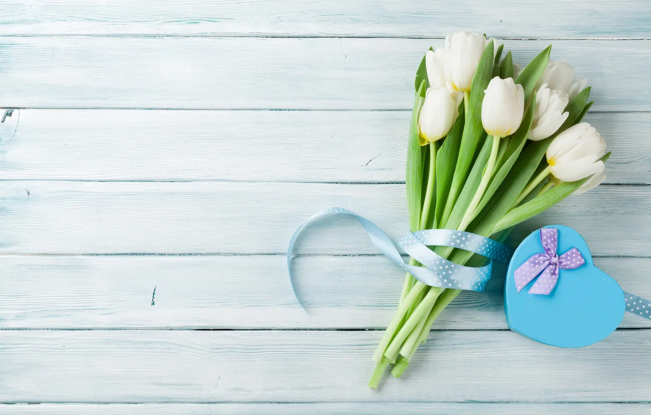 Photo wallpaper flowers, gift, bouquet, tulips, love, white, heart, wood