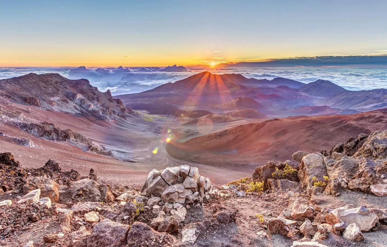 Photo wallpaper the sun, mountains, dawn, tops, panorama