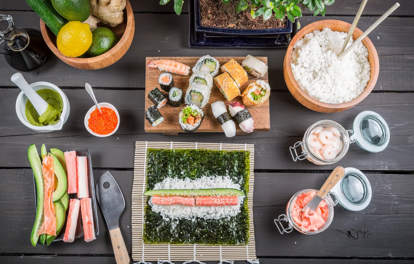 Photo wallpaper food, rolls, sushi, sushi, rolls, Japanese cuisine, products, Japanese cuisine