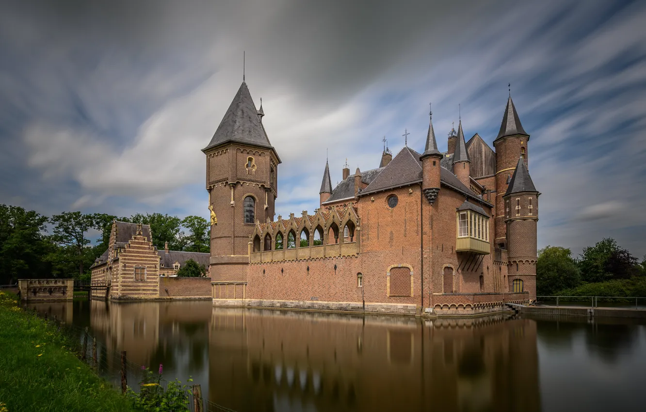 Photo wallpaper clouds, lake, reflection, castle, shore, Netherlands, architecture, pond