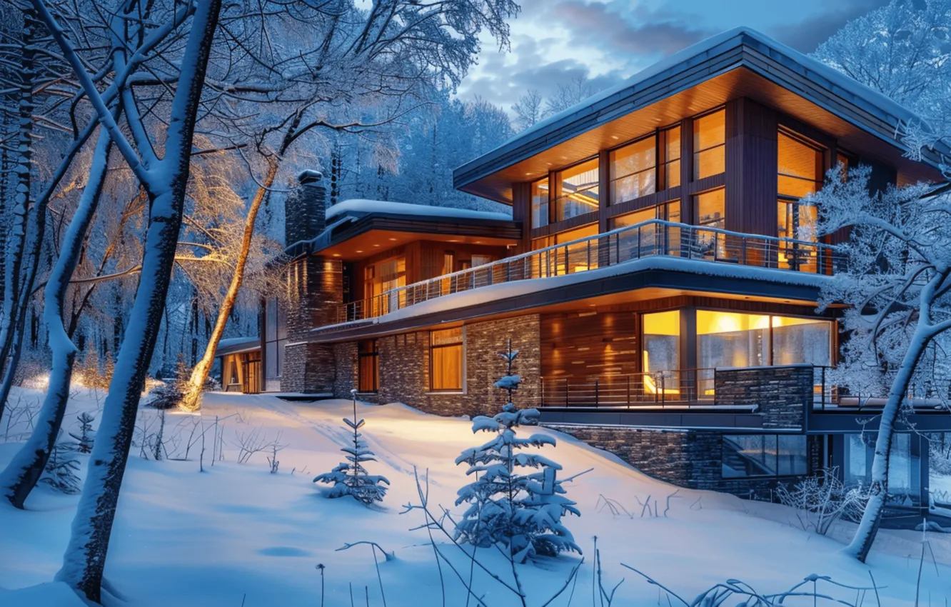 Photo wallpaper winter, forest, snow, mountains, tree, home, forest, cottage